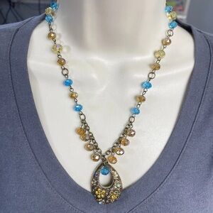 Handmade Upcycled Necklace Blue Glass Amber Tones Bronze Tone Beaded 19" to 22"